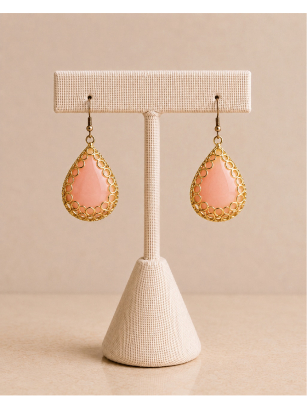 Vintage Gold Tone Pink Teardrop Dangle Earrings Peach Enamel Statement Boho
